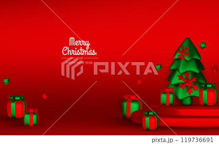 Happy New Year and Merry Christmas. Christmas holiday background with realistic 3d objects,gold and red bauble balls, conical metal stars, gift. Levitation falling design composition. Happy New Year and Merry Christmas. Christmas holiday background with realistic 3d objects,gold and red bauble balls, conical metal stars, gift. Levitation falling design composition. 119736691