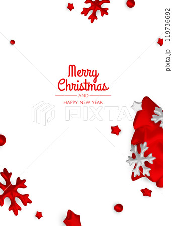 Happy New Year and Merry Christmas. Christmas holiday background with realistic 3d objects,gold and red bauble balls, conical metal stars, gift. Levitation falling design composition. 119736692