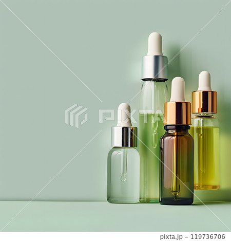 Realistic imagine of different eco cosmetic serum bottles Light green background This is AI-generated item 119736706