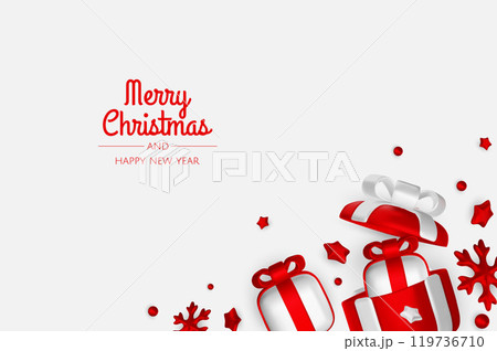 Happy New Year and Merry Christmas. Christmas holiday background with realistic 3d objects,gold and red bauble balls, conical metal stars, gift. Levitation falling design composition. Happy New Year and Merry Christmas. Christmas holiday background with realistic 3d objects,gold and red bauble balls, conical metal stars, gift. Levitation falling design composition. 119736710