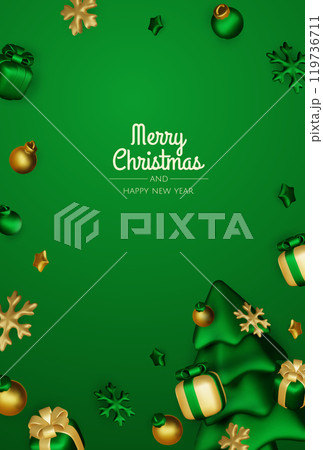 Happy New Year and Merry Christmas. Christmas holiday background with realistic 3d objects,gold and red bauble balls, conical metal stars, gift. Levitation falling design composition. 119736711