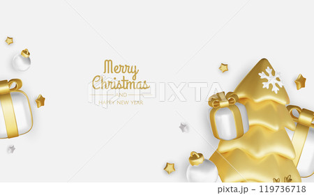 Merry Christmas and happy new year background. Christmas tree, Gift boxes, Christmas balls. Christmas element for web, banners, greeting card, template design. 119736718