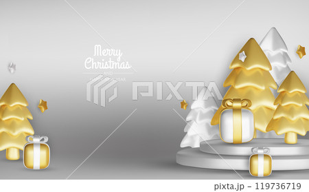 Merry Christmas and happy new year background. Christmas tree, Gift boxes, Christmas balls. Christmas element for web, banners, greeting card, template design. 119736719
