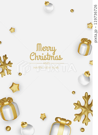 Merry Christmas and happy new year background. Christmas tree, Gift boxes, Christmas balls. Christmas element for web, banners, greeting card, template design. 119736726