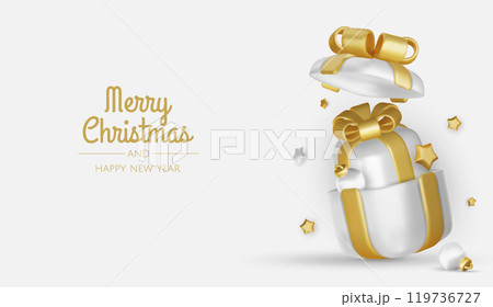 Merry Christmas and happy new year background. Christmas tree, Gift boxes, Christmas balls. Christmas element for web, banners, greeting card, template design. 119736727