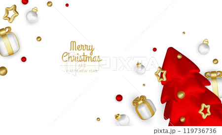 Happy New Year and Merry Christmas. Christmas holiday background with realistic 3d objects,gold and red bauble balls, conical metal stars. Levitation falling design composition. 119736736