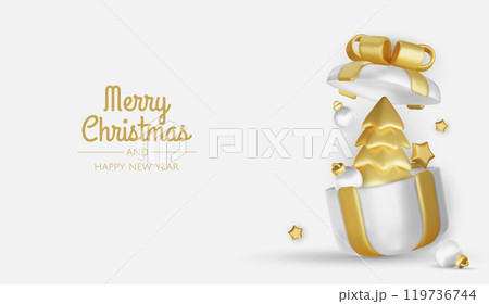 Happy New Year and Merry Christmas. Christmas holiday background with realistic 3d objects,gold and red bauble balls, conical metal stars. Levitation falling design composition. 119736744