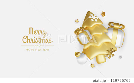 Happy New Year and Merry Christmas. Christmas holiday background with realistic 3d objects,gold and red bauble balls, conical metal stars. Levitation falling design composition. 119736763