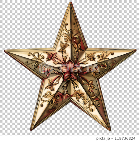 Vintage illustration of decorated Christmas gold star with nine points on a white background Vintage illustration of decorated Christmas gold star with nine points on a white background 119736824