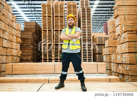 portrait worker man with bearded wearing safety uniform hard hat arm cross standing at wooden 119736866