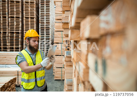Male carpenter worker wood warehouse industry. Male carpenter worker wood warehouse industry. 119737056