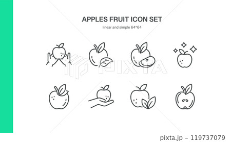 Apples Fruit Icon Set. Simple Line Illustrations of Apples in Various Forms, Including Apple Whole, Sliced, Sparkling, and Apple in Hands. Apples Fruit Icon Set. Simple Line Illustrations of Apples in Various Forms, Including Apple Whole, Sliced, Sparkling, and Apple in Hands. 119737079