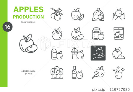 Apple Production Icon Set. Thin Line Illustrations of Apple Harvesting, Juice, Canning, and Packaging for Food and Agriculture Industry Apple Production Icon Set. Thin Line Illustrations of Apple Harvesting, Juice, Canning, and Packaging for Food and Agriculture Industry 119737080