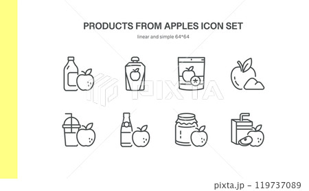 Apple Products Icon Set. Thin Line Illustrations of Apple Vinegar, Puree Pouch, Dried Chips, Apple Pectin, Juice, Cider, Jam. Packaged Apple Food Products Representing Apple Products Icon Set. Thin Line Illustrations of Apple Vinegar, Puree Pouch, Dried Chips, Apple Pectin, Juice, Cider, Jam. Packaged Apple Food Products Representing 119737089