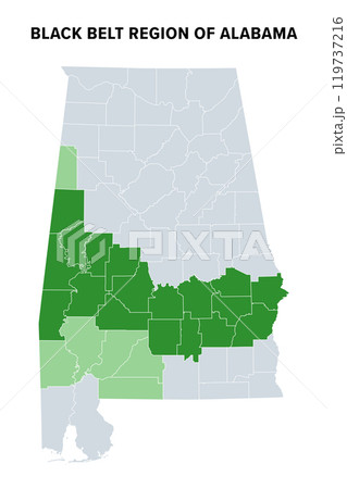 Black Belt region of U.S. state of Alabama, political map. Green highlighted are counties where African Americans comprise population majority, light green counties are sometimes considered part of it 119737216