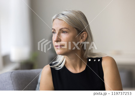 Headshot thoughtful aged lady sit on couch look aside ponder Headshot thoughtful aged lady sit on couch look aside ponder 119737253