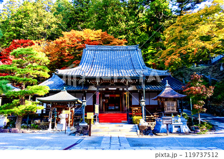 【岐阜】秋の下呂温泉　朝の温泉寺本堂と鮮やかな紅葉 119737512