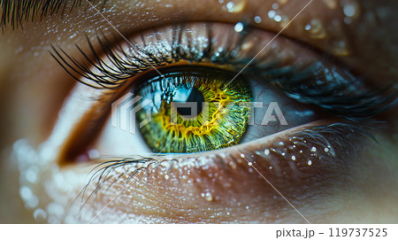 Macro photo of a green female eye with black pupil with which displays forest trees. Human vision, gaze, look. Ecology, people and nature concept. This is AI-generated item Macro photo of a green female eye with black pupil with which displays forest trees. Human vision, gaze, look. Ecology, people and nature concept. This is AI-generated item 119737525