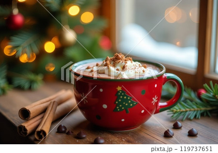 Warm holiday beverage in a festive mug with chocolate, cinnamon sticks, and Christmas tree background 119737651