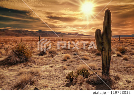Desert landscape with cacti, cactuses growing in dry soil and setting sun. The hills in sunlight rays on horizon, cloudy sky. Day goes into evening. This is AI-generated item 119738032