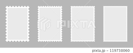 Blank set of 4 postage stamps. Paper postmarks for mail letter isolated on grey background. Vector illustration. Blank set of 4 postage stamps. Paper postmarks for mail letter isolated on grey background. Vector illustration. 119738060