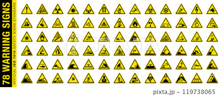 Full set of 78 isolated hazardous symbols on yellow round triangle board warning sign. Official ISO 7010 safety signs standard. 119738065