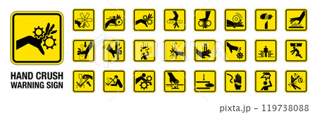 Set of 24 isolated Hand Crush Force hazardous symbols on yellow round square board warning sign 119738088