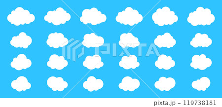 Big set of fluffy clouds icons in flat style isolated on blue background. Cloud vector collection. 119738181