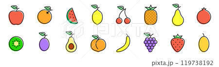 Set of colorful fruit vegan icons melon, strawberry, kiwi, pineapple, avocado, plum, apple, lemon. Vector illustration. 119738192