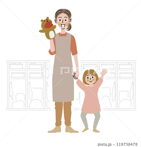 女の子と女性の保育士の立ちポーズ 女の子と女性の保育士の立ちポーズ 119738478