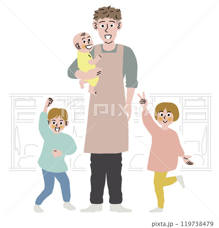3人の子どもと男性の保育士の立ちポーズ 119738479