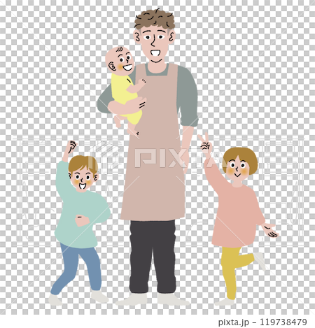 3人の子どもと男性の保育士の立ちポーズ 119738479