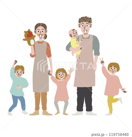 4人の子どもと、2人の保育士の立ちポーズ 119738480