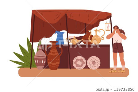 Oriental bazaar, souk trade tent with Eastern handmade pottery, vases, jugs, female tourist looking for seller vector Oriental bazaar, souk trade tent with Eastern handmade pottery, vases, jugs, female tourist looking for seller vector 119738850