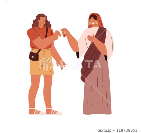 Asian woman in traditional clothes sells jewelry to a female tourist. Asian woman in traditional clothes sells jewelry to a female tourist. 119738853