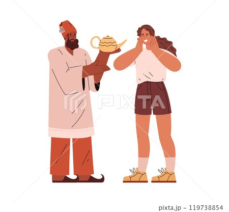 Arab vendor shows the kettle antiques to female tourist customer, oriental bazaar and Eastern souk trade vector concept Arab vendor shows the kettle antiques to female tourist customer, oriental bazaar and Eastern souk trade vector concept 119738854