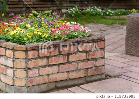 カラフルな花（百日草）が咲き乱れるガーデンの花壇 119738993