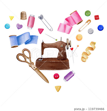 Different sewing sewing accessories - ribbons, scissors, sewing machine, buttons, measuring tape. Watercolor illustration, heart shaped composition. 119739466