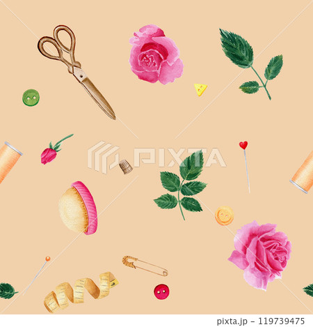 Seamless sewing pattern with scissors, needle bar, pins, measuring tape, roses and leaves. Watercolor illustration on pink background for textile Seamless sewing pattern with scissors, needle bar, pins, measuring tape, roses and leaves. Watercolor illustration on pink background for textile 119739475