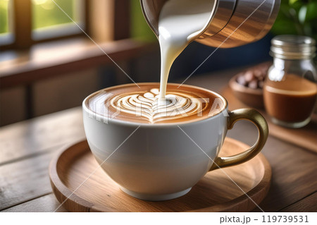 Barista makes coffee latte art in a cup of coffee. Generative AI 119739531