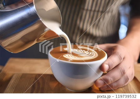 Barista makes coffee latte art in a cup of coffee. Generative AI 119739532