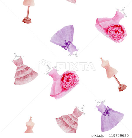 Seamless sewing pattern with dummies and vintage dresses. Bright watercolor hand drawn illustration on white background for fabric, wrapping paper 119739620