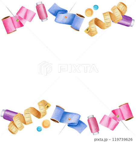 Seamless sewing border with ribbon, button, pin, measuring tape, threads. Watercolor illustration on white background for fabric, wrapping paper Seamless sewing border with ribbon, button, pin, measuring tape, threads. Watercolor illustration on white background for fabric, wrapping paper 119739626
