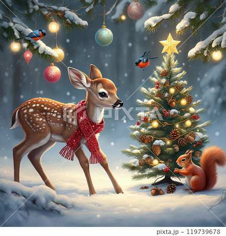 Young Deer in Red Scarf with Christmas Tree in Festive Snowy Forest Young Deer in Red Scarf with Christmas Tree in Festive Snowy Forest 119739678