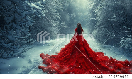 The Mystical Winter Forest and woman in long red dress 119739956