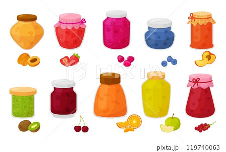 Marmalade glass jars. Sweet homemade marmalades and jams from fruits and berries. Apple cherry strawberry and peach jam, neoteric vector set 119740063