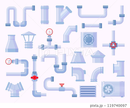 Air duct elements. Pipes system vents fans for industrial airflow on factories or buildings. Conditioners systems objects, flat neoteric vector set 119740097
