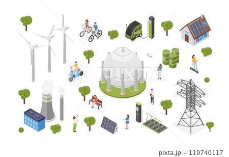 Isometric alternative energy concept. People on clean transport, bicycles and scooter. Solar system panels, smart electricity station, flawless vector icons 119740117