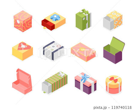 Isometric gift 3d boxes. Vibrant box for different presents. Isolated accessories packages for birthday christmas new year valentine day, flawless vector set 119740118