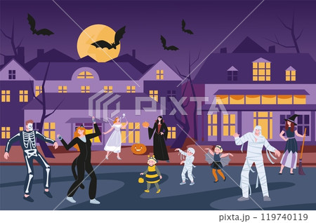 Halloween in city. Masquerade, adults and children in different scaring costumes walking outdoor. Festive evening in neighborhood, kicky vector scene 119740119